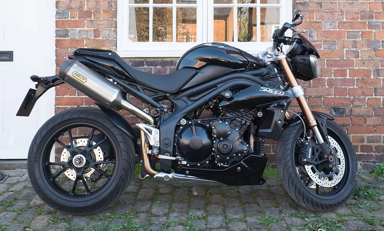 Black Triumph Speed Triple 1050 with twin round headlights, parked outdoors