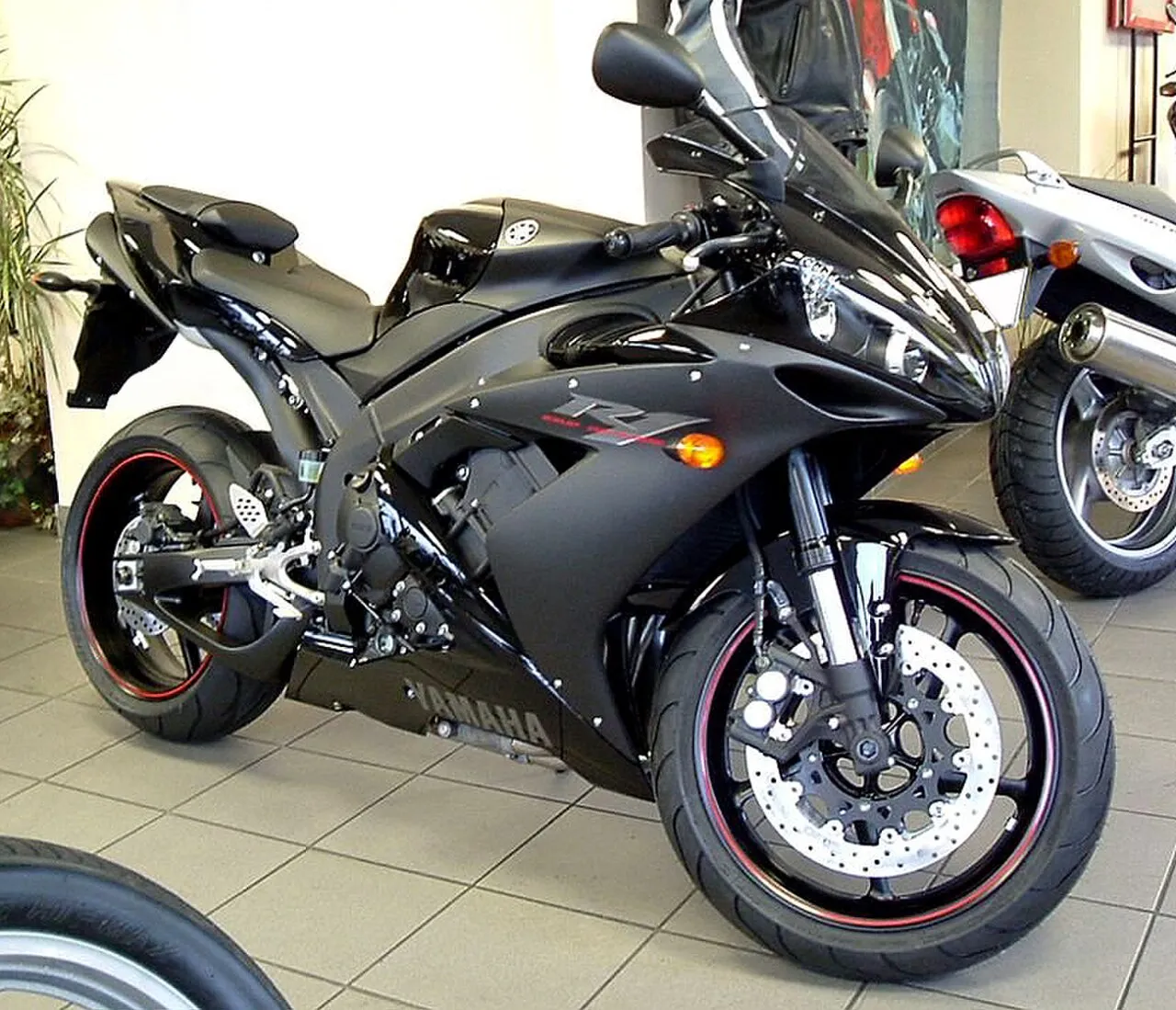 Blue and white Yamaha YZF-R1 sports bike
