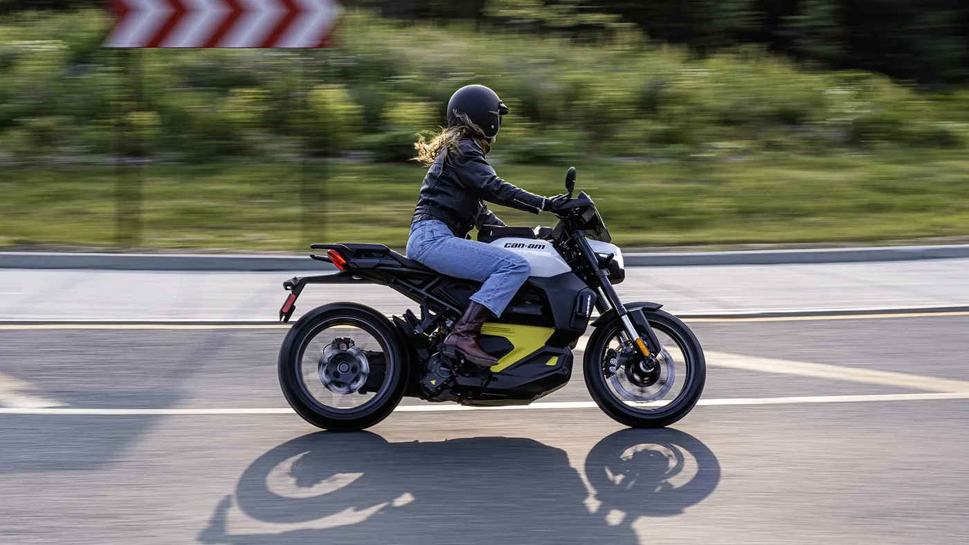 Can-Am Pulse electric motorcycle ridden on a city road