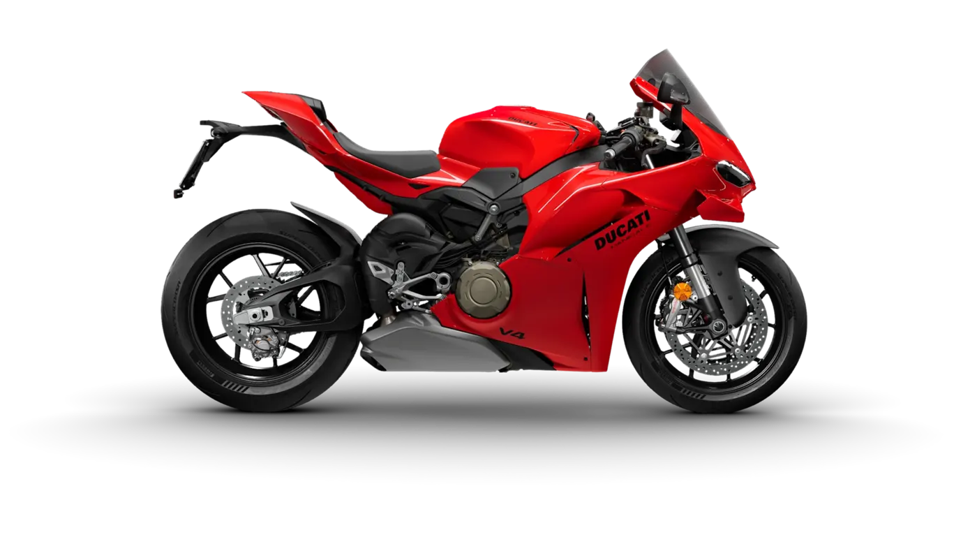 Red Ducati Panigale V4 in a studio side profile on a black background