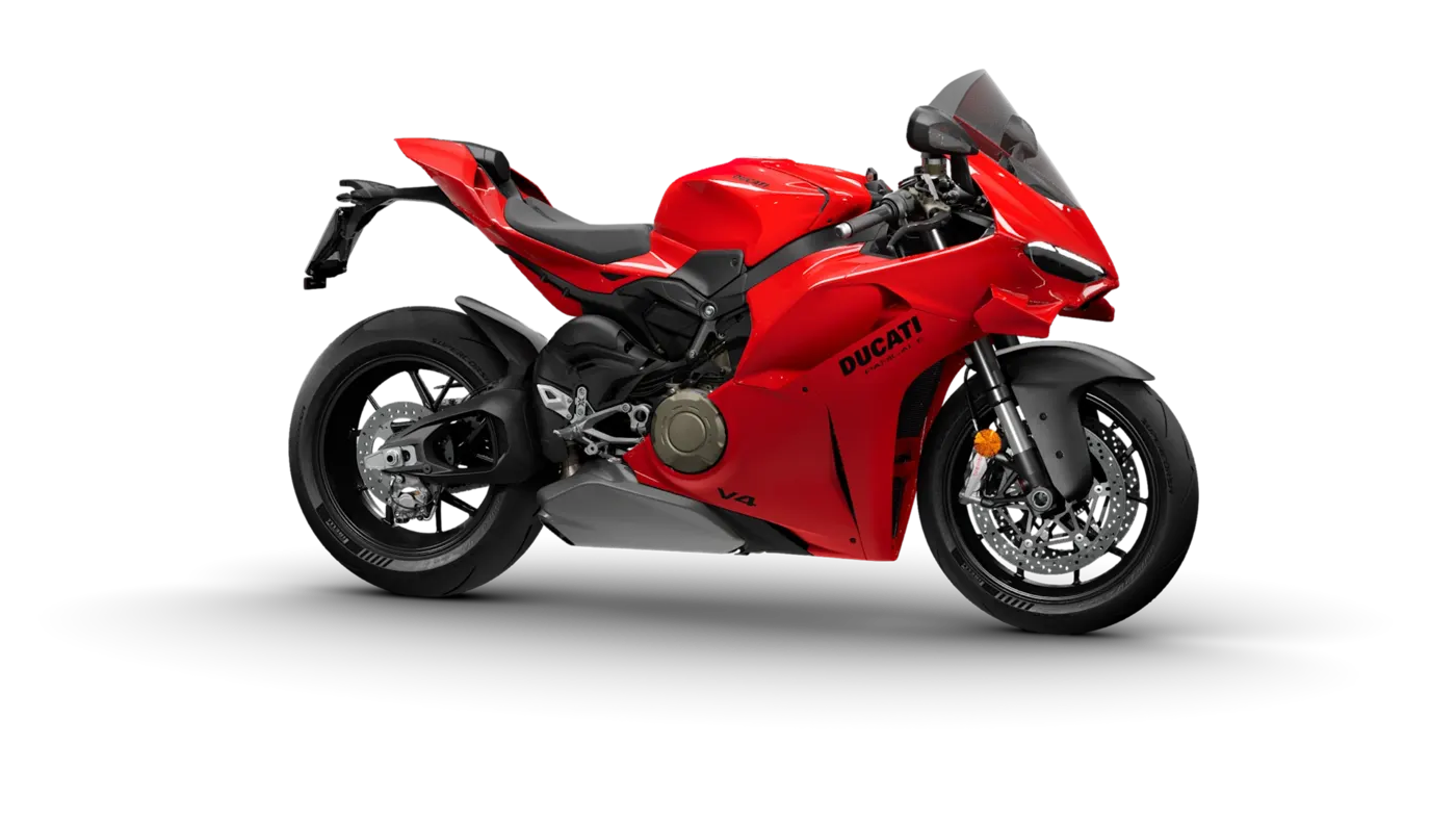 Red Ducati Panigale V4 three-quarter studio view showing the winged nose and fairing