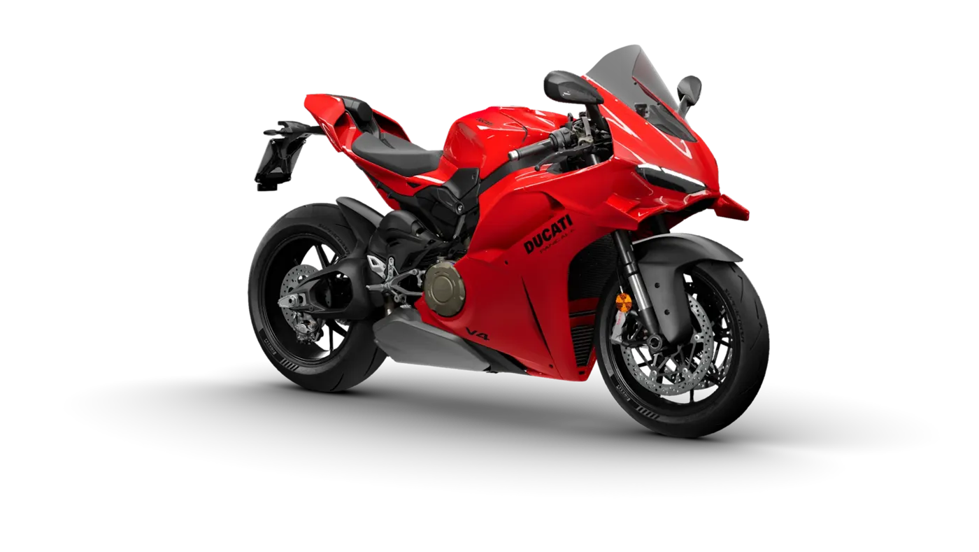 Red Ducati Panigale V4 front three-quarter view showing the headlights and side fairing