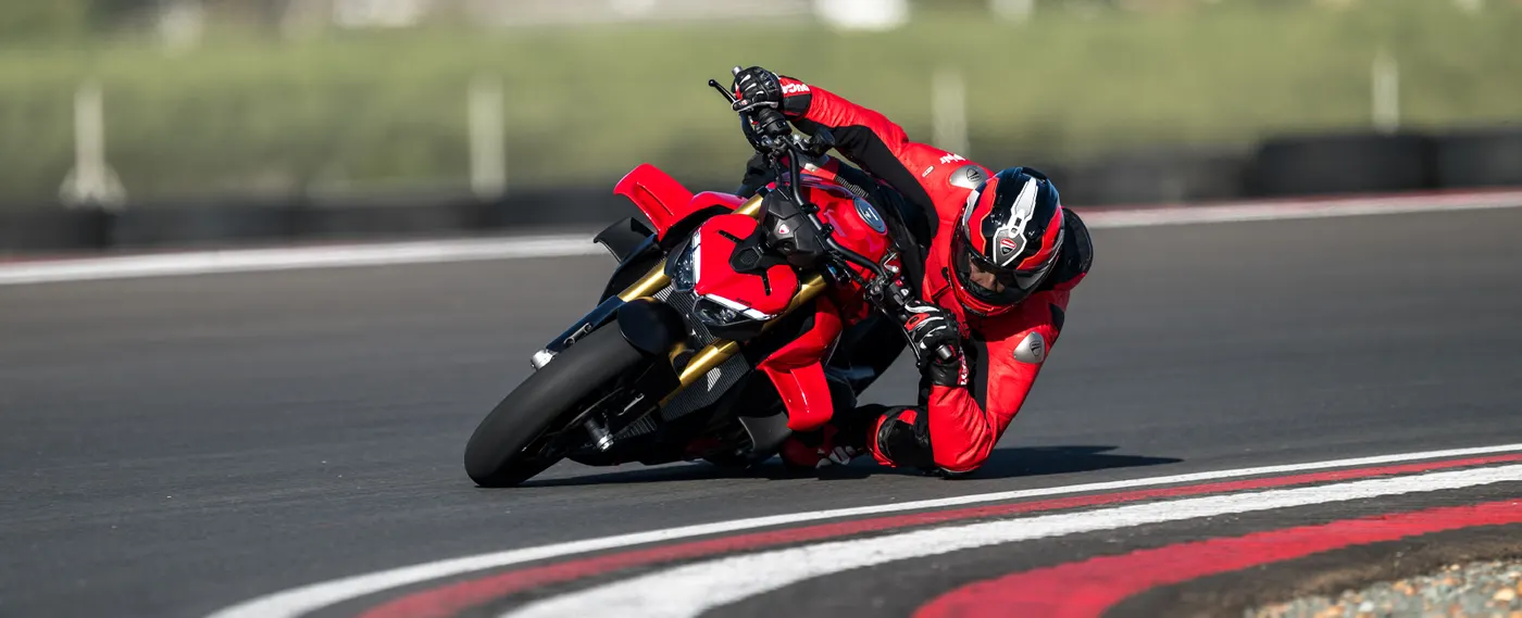 Ducati Streetfighter V4 leaned hard through a race-track corner
