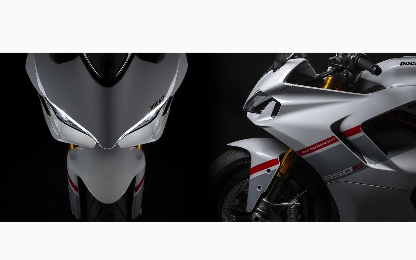 White and red Ducati SuperSport 950 S front detail showing the fairing and headlight