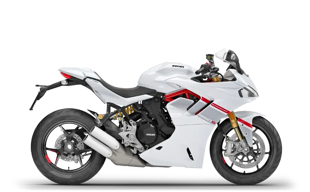 White Ducati SuperSport 950 S in a studio side profile