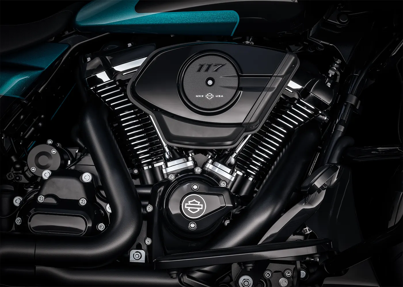 Close-up of the Harley-Davidson Milwaukee-Eight 117 engine and air cleaner