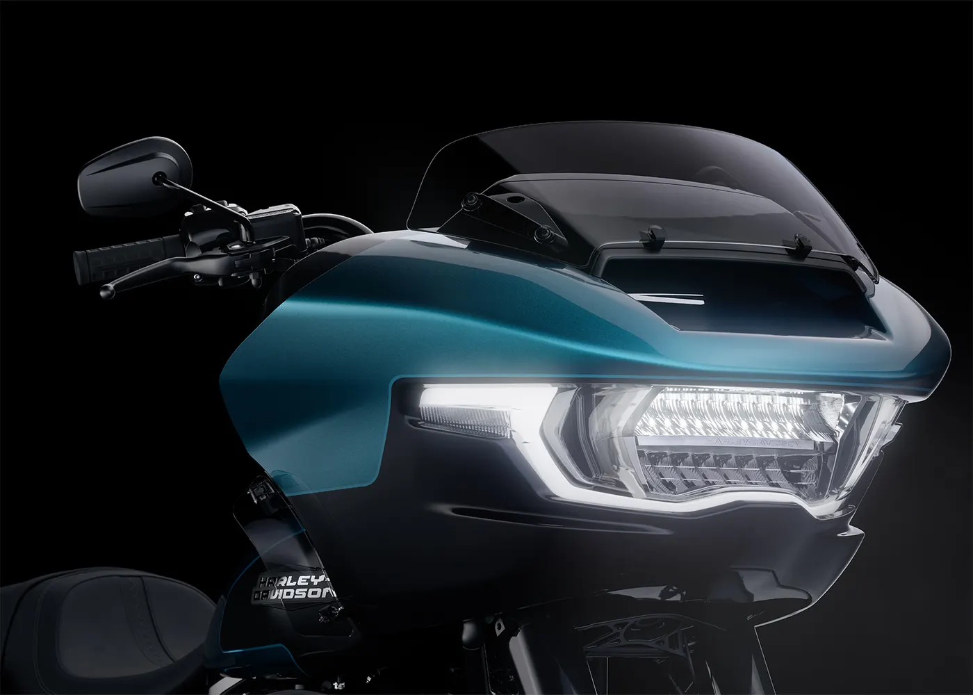 Detail of the Harley-Davidson Road Glide LED headlamp and fairing