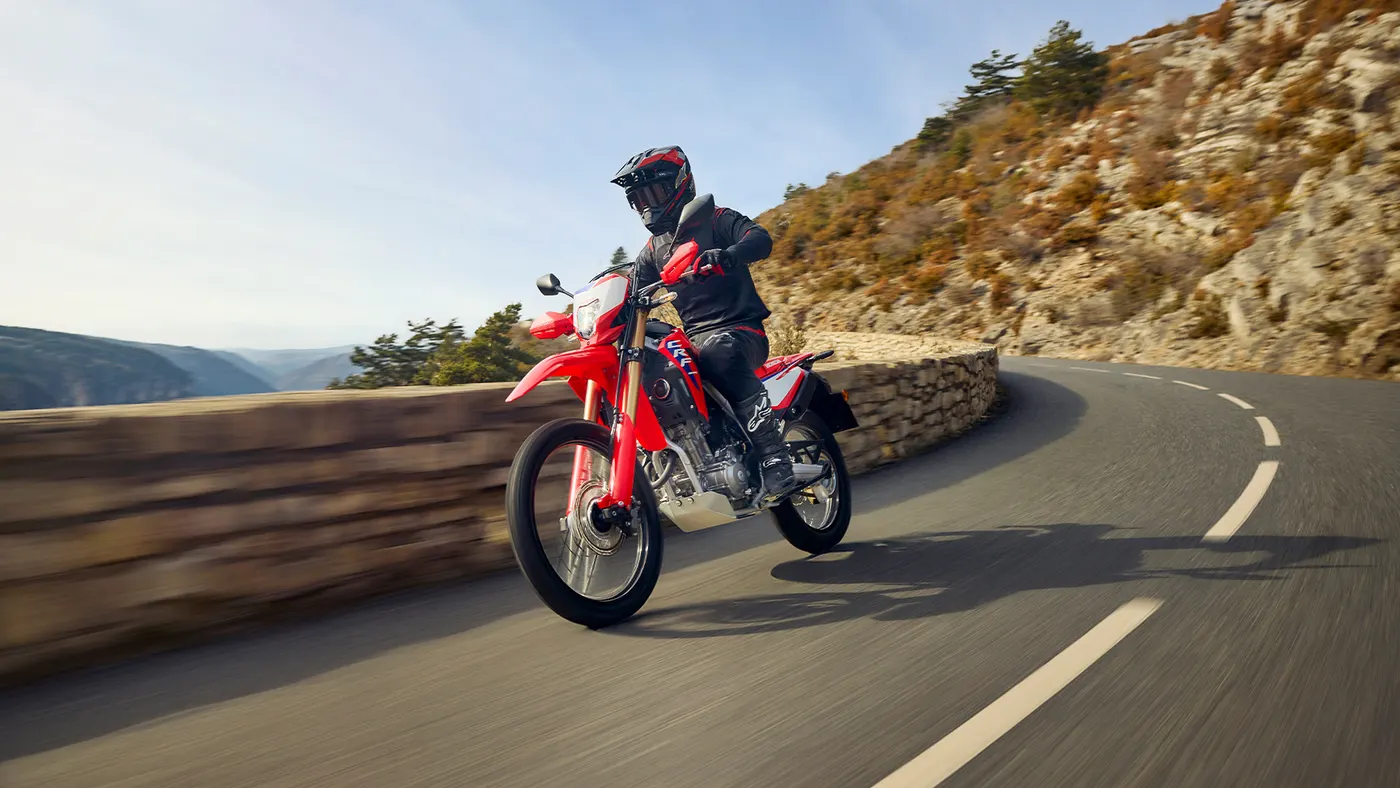 Close-up of the red Honda CRF300L tank, engine and front suspension