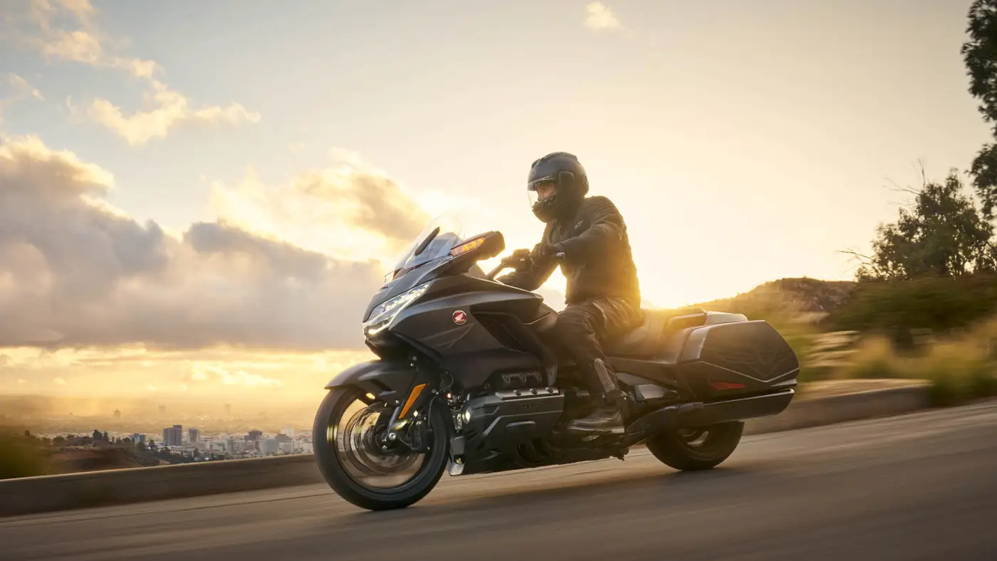 Honda Gold Wing ridden at sunset with its fairing and panniers visible
