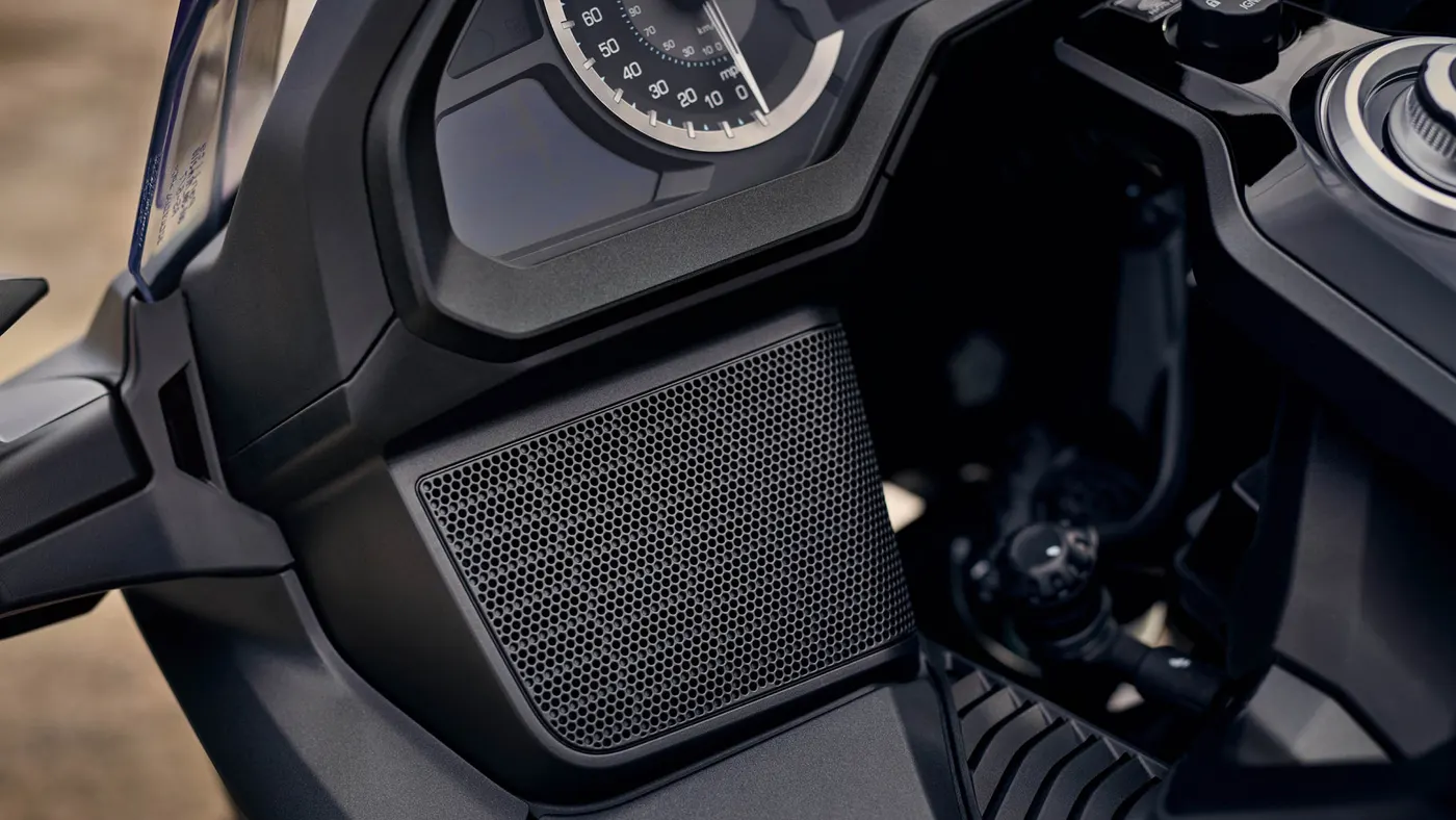 Detail of the Honda Gold Wing cockpit, speedometer and speaker grille