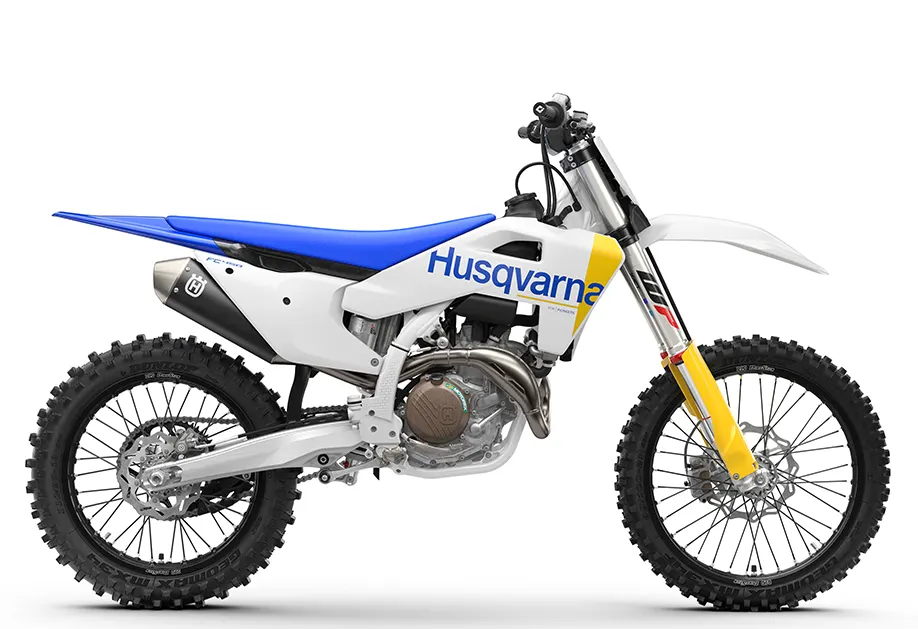 Husqvarna FC 450 right side studio profile in white, blue and yellow