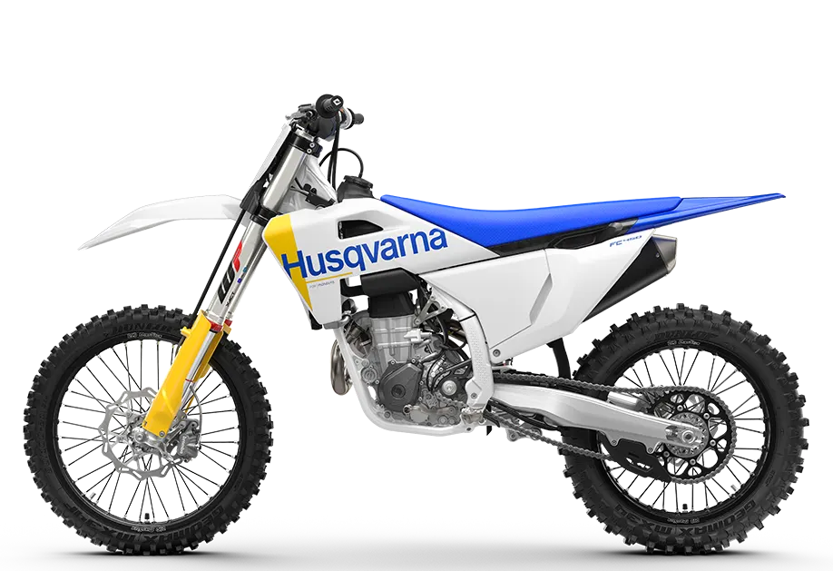 Husqvarna FC 450 left side profile showing the engine and exhaust