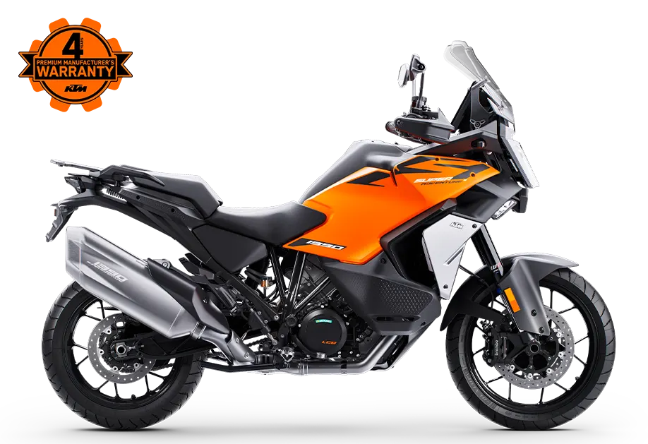 Orange KTM 1390 Super Adventure S EVO in a studio side profile