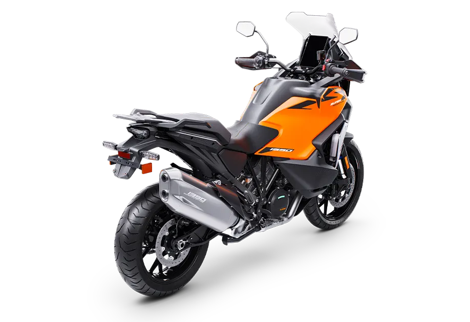 Orange KTM 1390 Super Adventure S EVO from the rear three-quarter