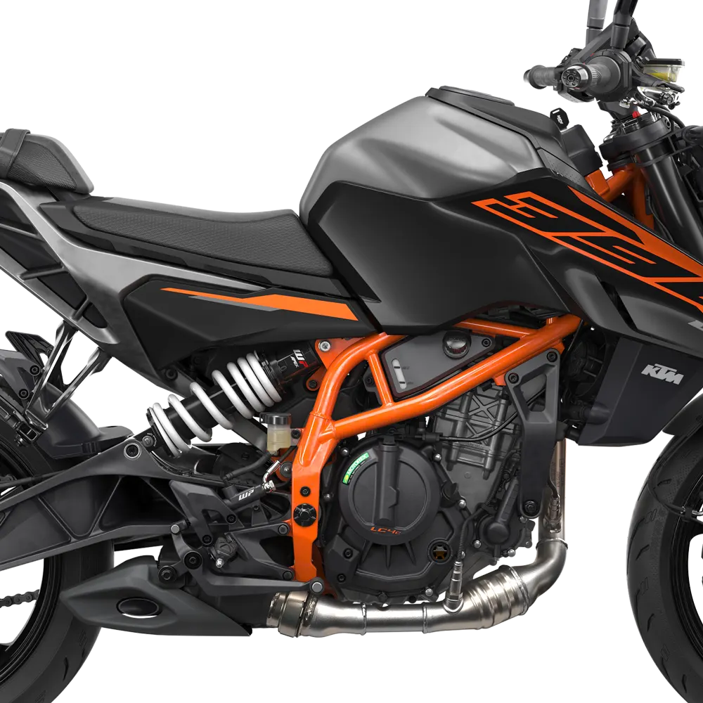 KTM 390 Duke engine, frame and rear shock detail