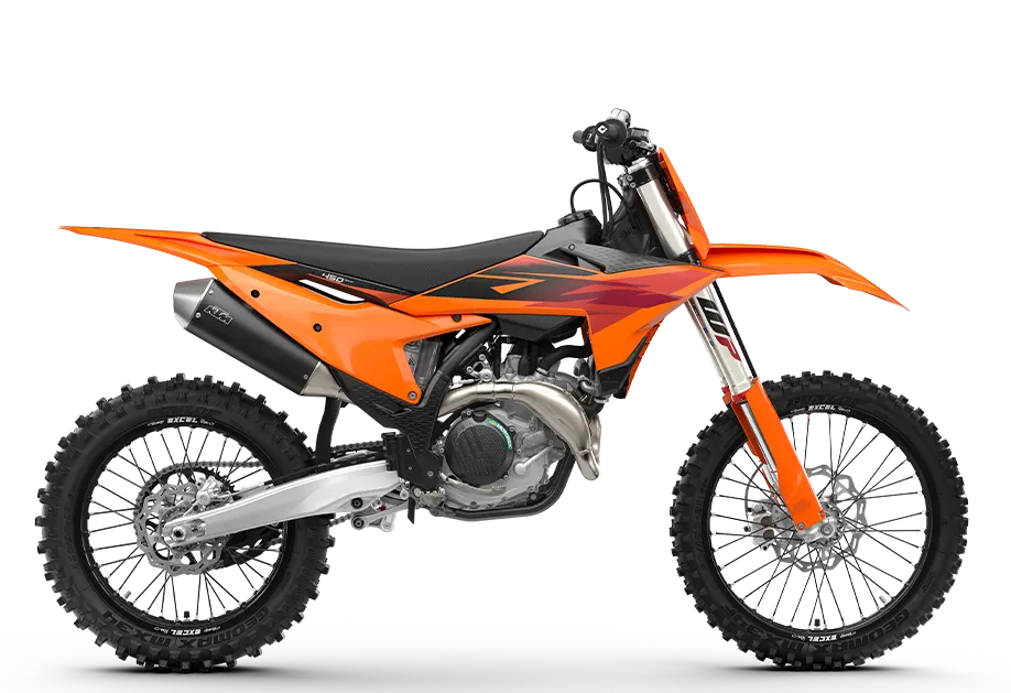 KTM 450 SX-F right side studio profile in 2027 orange graphics