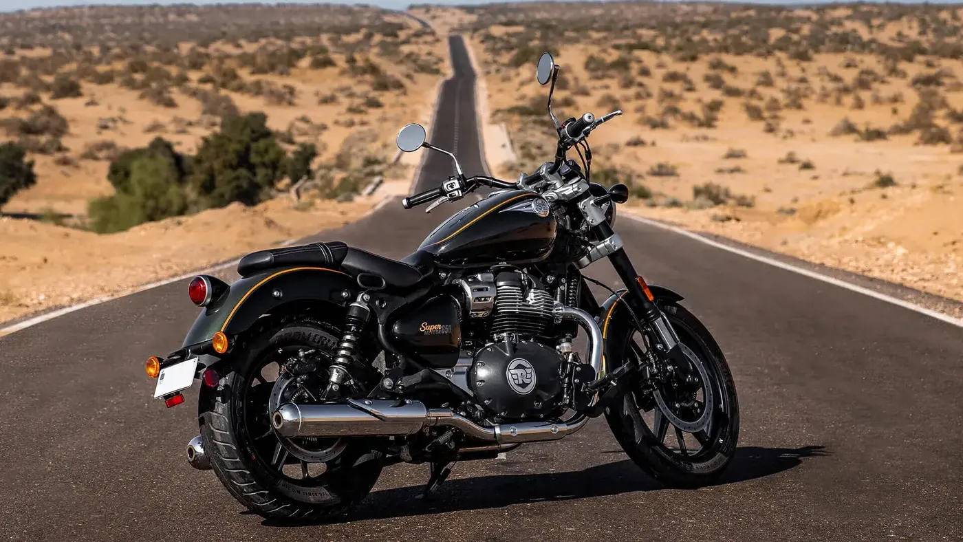 Royal Enfield Super Meteor 650 rear three-quarter view on the road