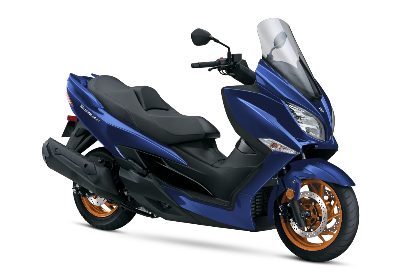 Blue Suzuki Burgman 400 front three-quarter studio view