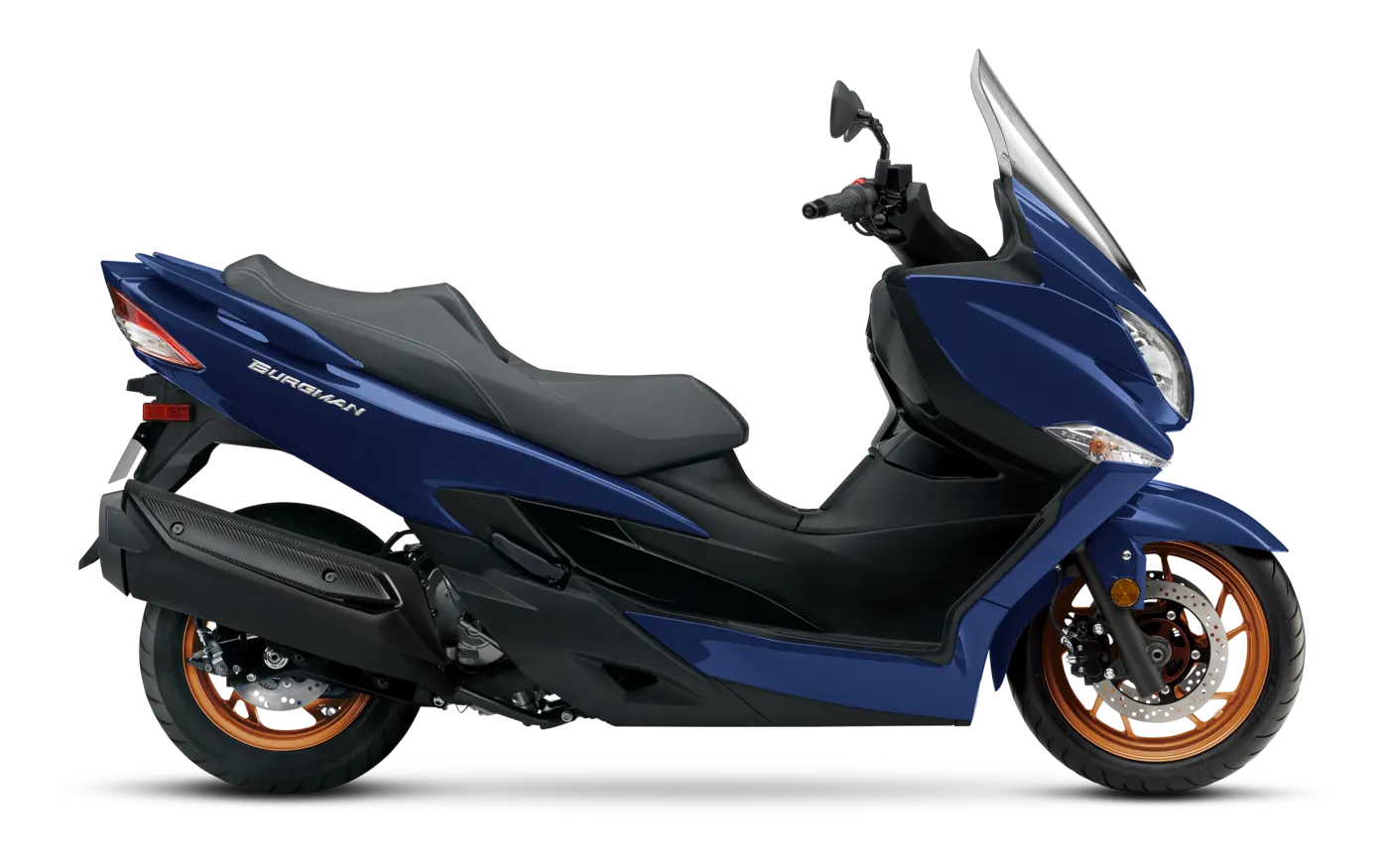 Blue Suzuki Burgman 400 right side studio profile