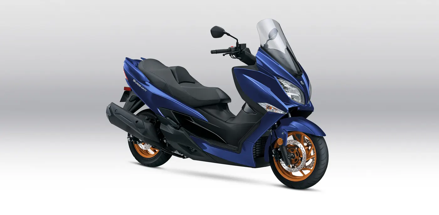 Blue Suzuki Burgman 400 on a light studio background