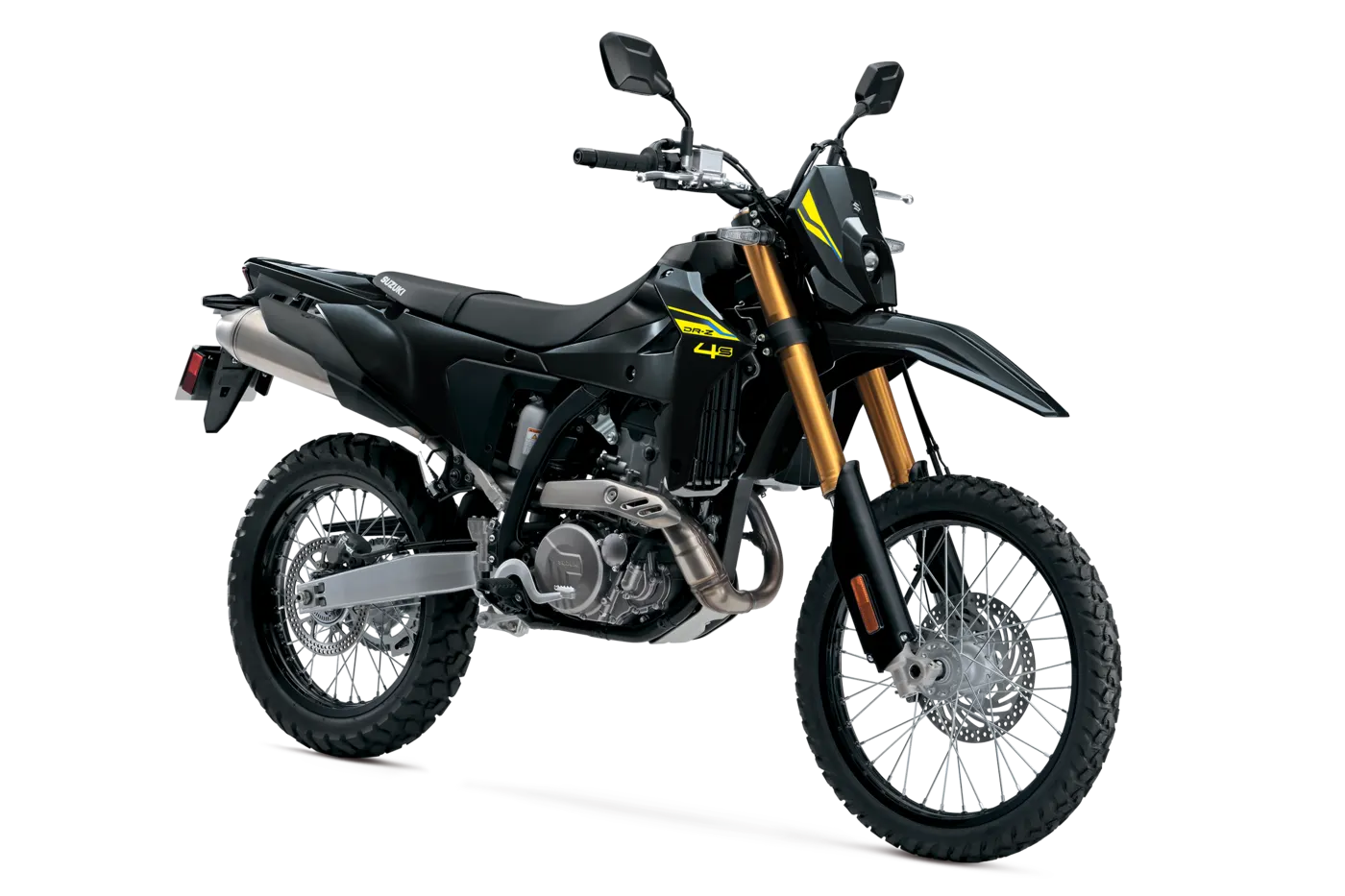 Black and yellow Suzuki DR-Z4S front three-quarter studio view