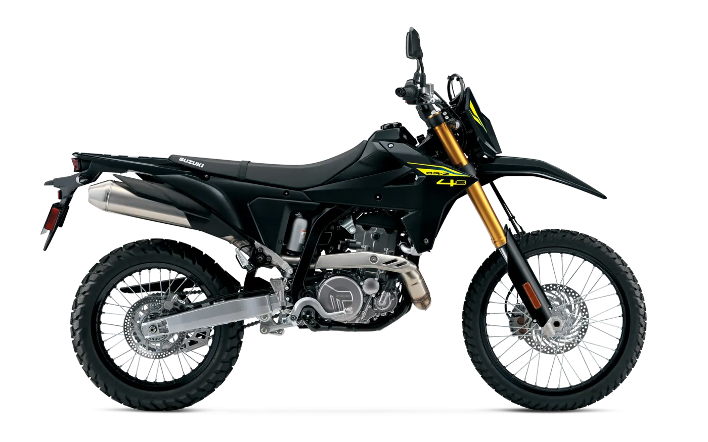Black and yellow Suzuki DR-Z4S right side studio profile