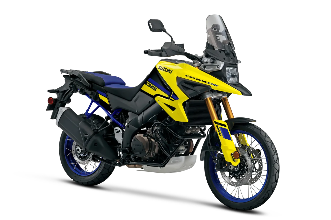 Yellow and blue Suzuki V-Strom 1050DE front three-quarter studio view