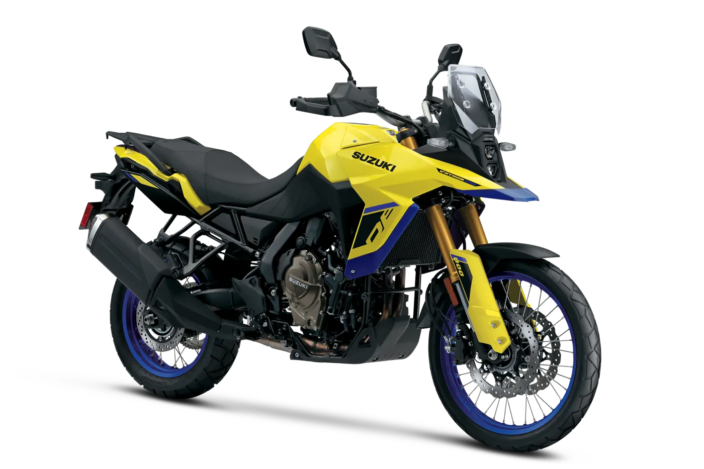Yellow and blue Suzuki V-Strom 800DE front three-quarter studio view
