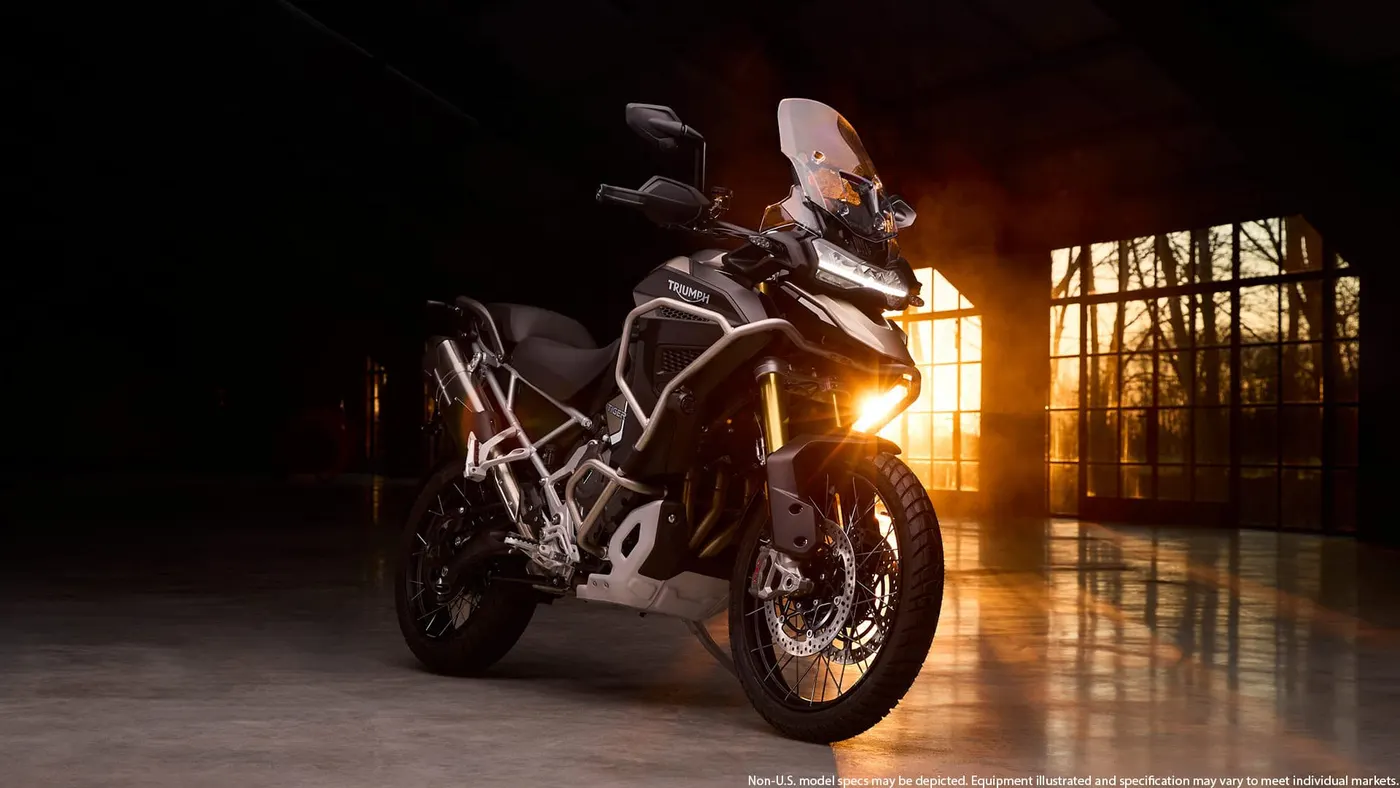 Matt sandstorm Triumph Tiger 1200 Rally Explorer in a dark studio