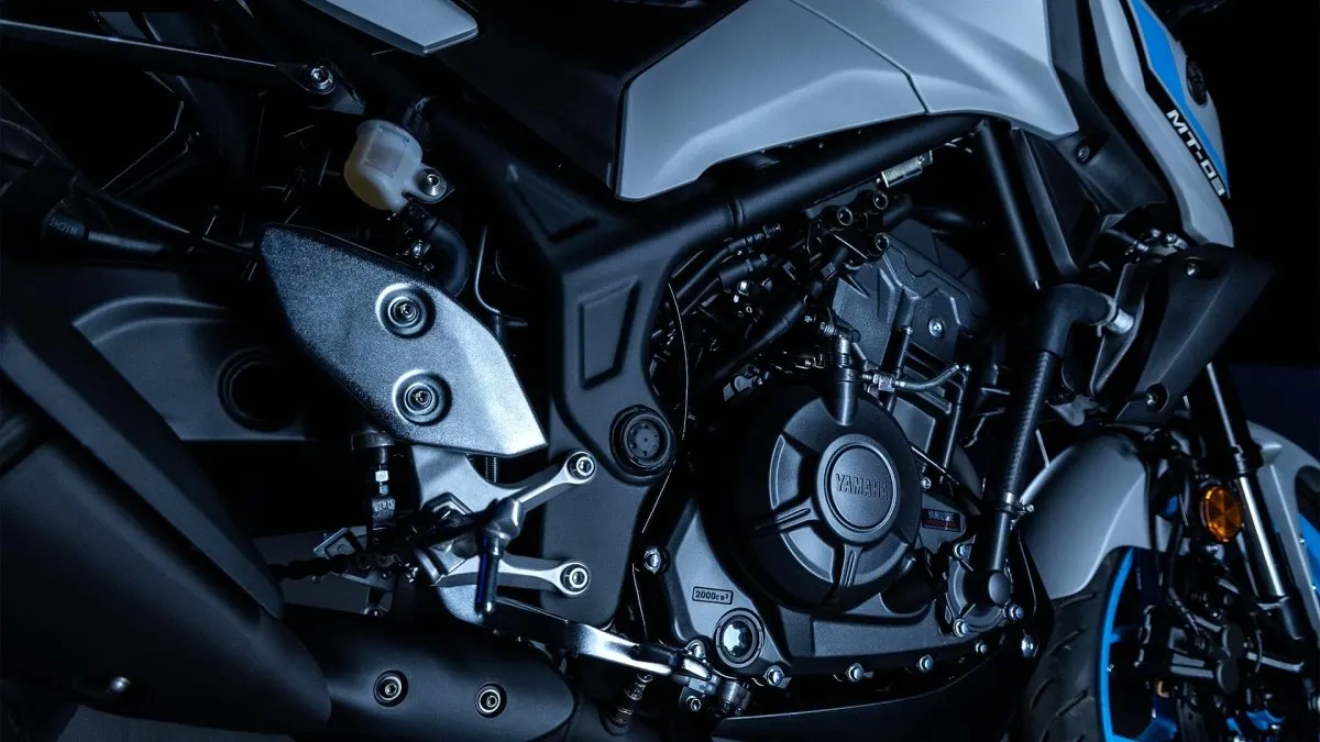 Close-up of the Yamaha MT-03 engine and exhaust