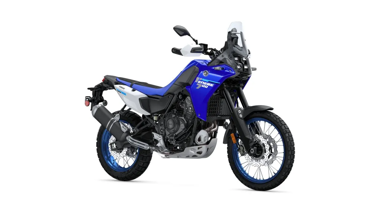 Blue and white Yamaha Ténéré 700 front three-quarter studio view